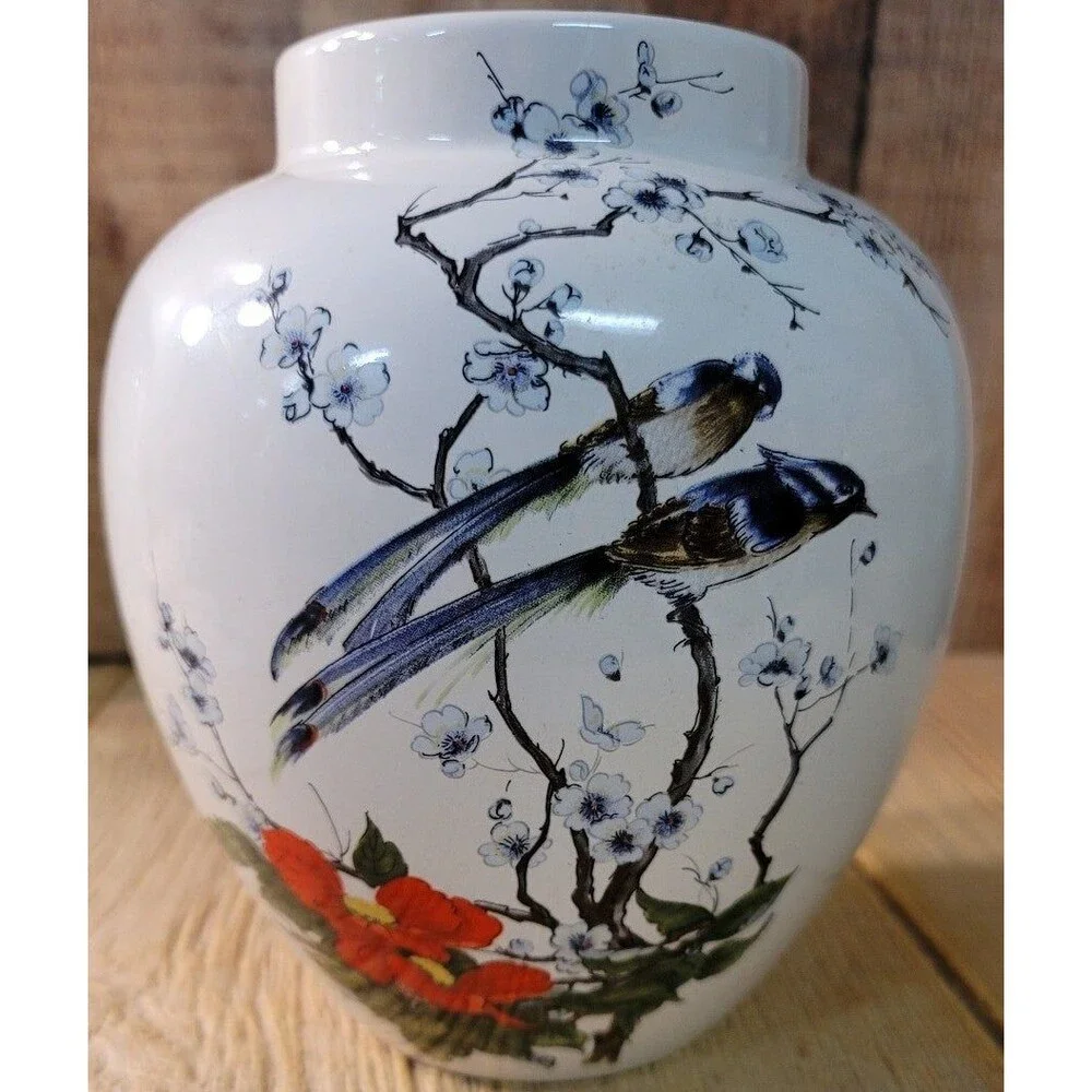7-3/4 Tall Vase- With Blue Jay Pair sitting on a branch.